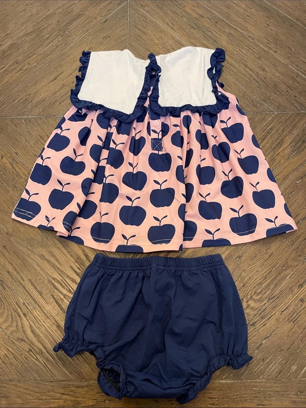 Sew Magnolia Pink and Navy Apple Print Dress with Navy Bloomers Magnolia